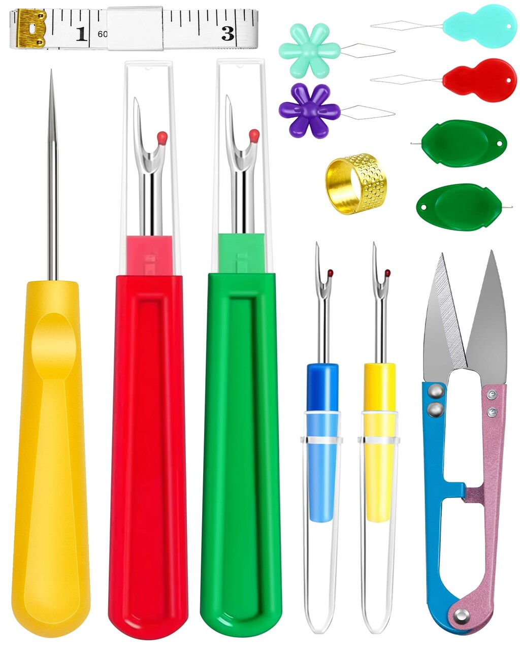 Seam Rippers for Sewing – 2 Big and 2 Small Stitch Remover Tools, Thread Ripper, Embroidery Removal Tool, with Needle Threaders, Thimbles, Tape Measure, Tailors Awl and Thread Snips